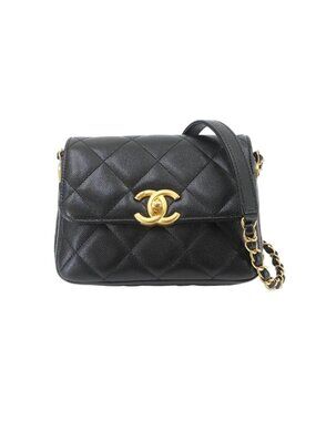Chanel Quilted Mini Flap Chain Shoulder Bag Caviar Leather Black Gold
